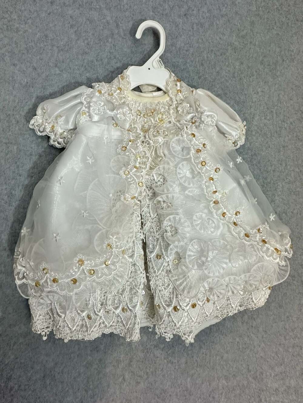 Vintage Off-White Lace and Sequin Baptismal Christening Gown with Matching Cape